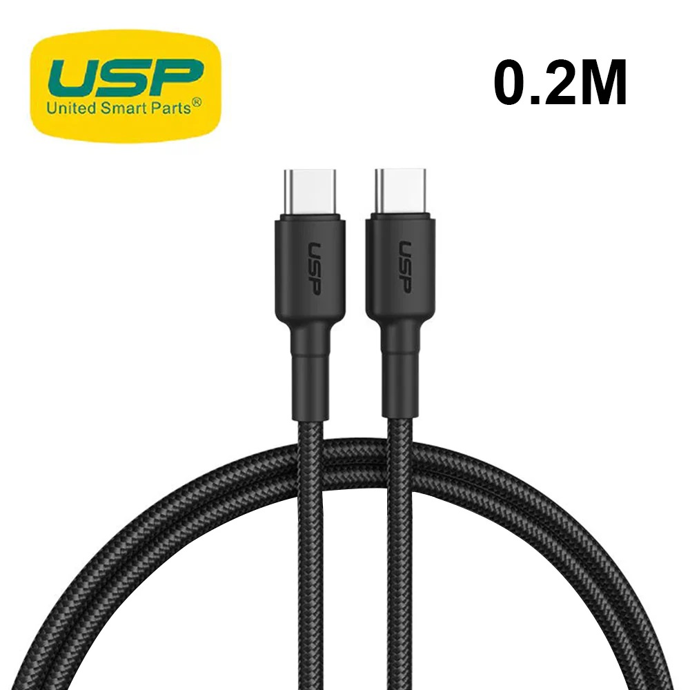 USP BoostUp Braided USB-C to USB-C Cable (0.2M) Black-3A/60W, Fast & Safe Charge,Samsung G