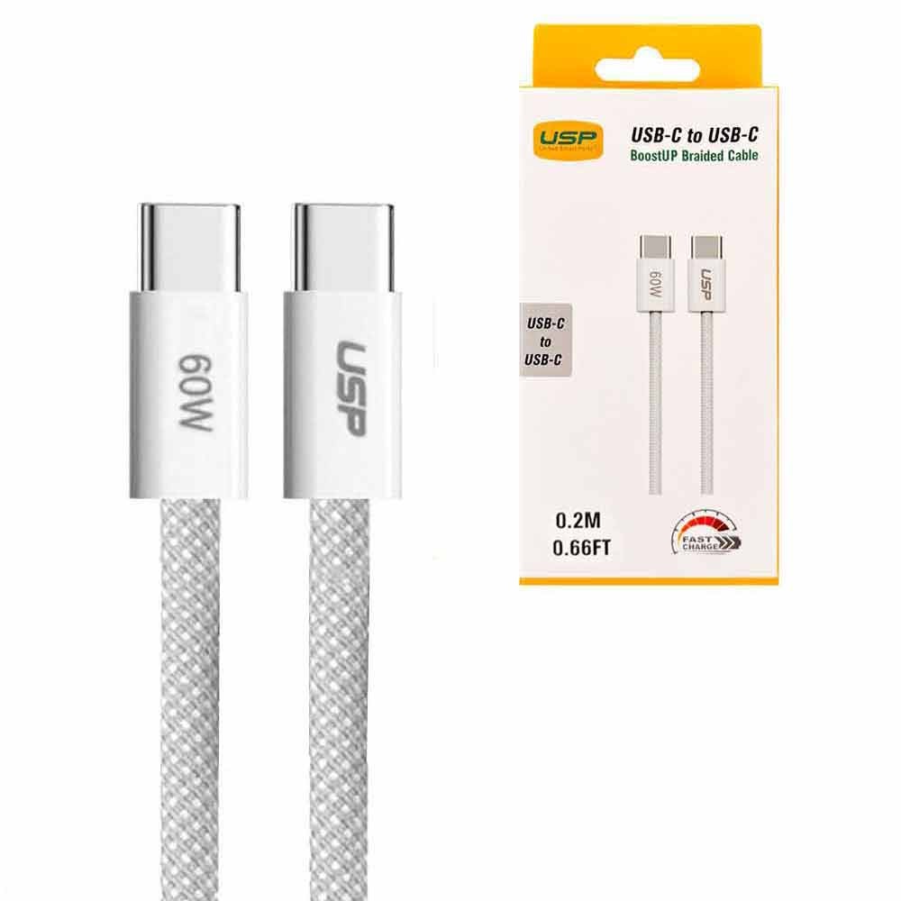 USP BoostUp Braided USB-C to USB-C Cable (0.2M) - White, 3A/60W, 480Mbps, 40K+ Bends, Safe