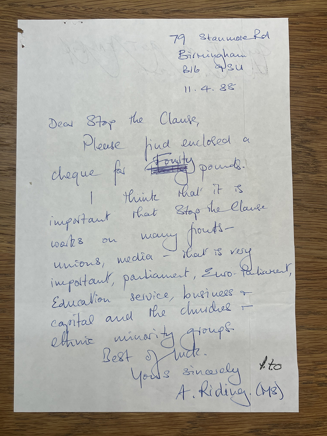 Handwritten letter dated 11.4.88 from A. Riding, addressed to Stop the Clause, enclosing a cheque for forty pounds and expressing support for the Stop the Clause campaign working on various fronts including unions, media, parliament, Euro-Parliament, education service, business, capital, church, and ethnic minority groups.