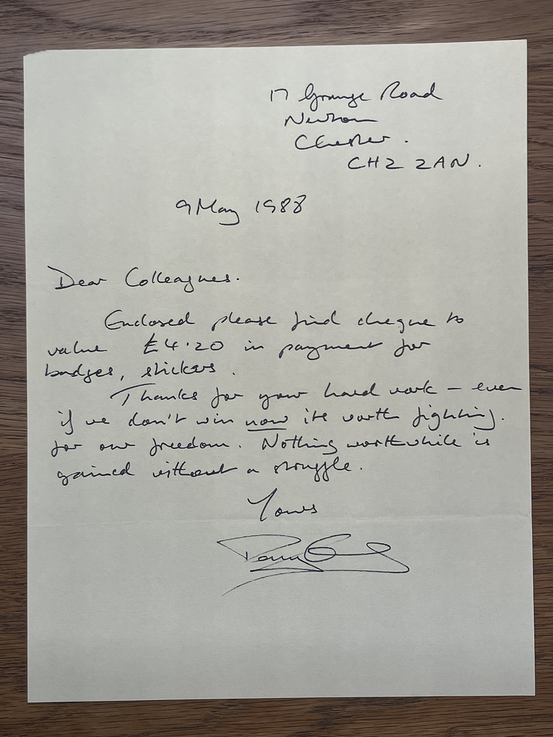 Handwritten letter dated 9 May 1988, addressed to colleagues, enclosing a cheque for £4.20 for badges and stickers, expressing thanks for hard work and encouragement to keep fighting for freedom, signed at the bottom.