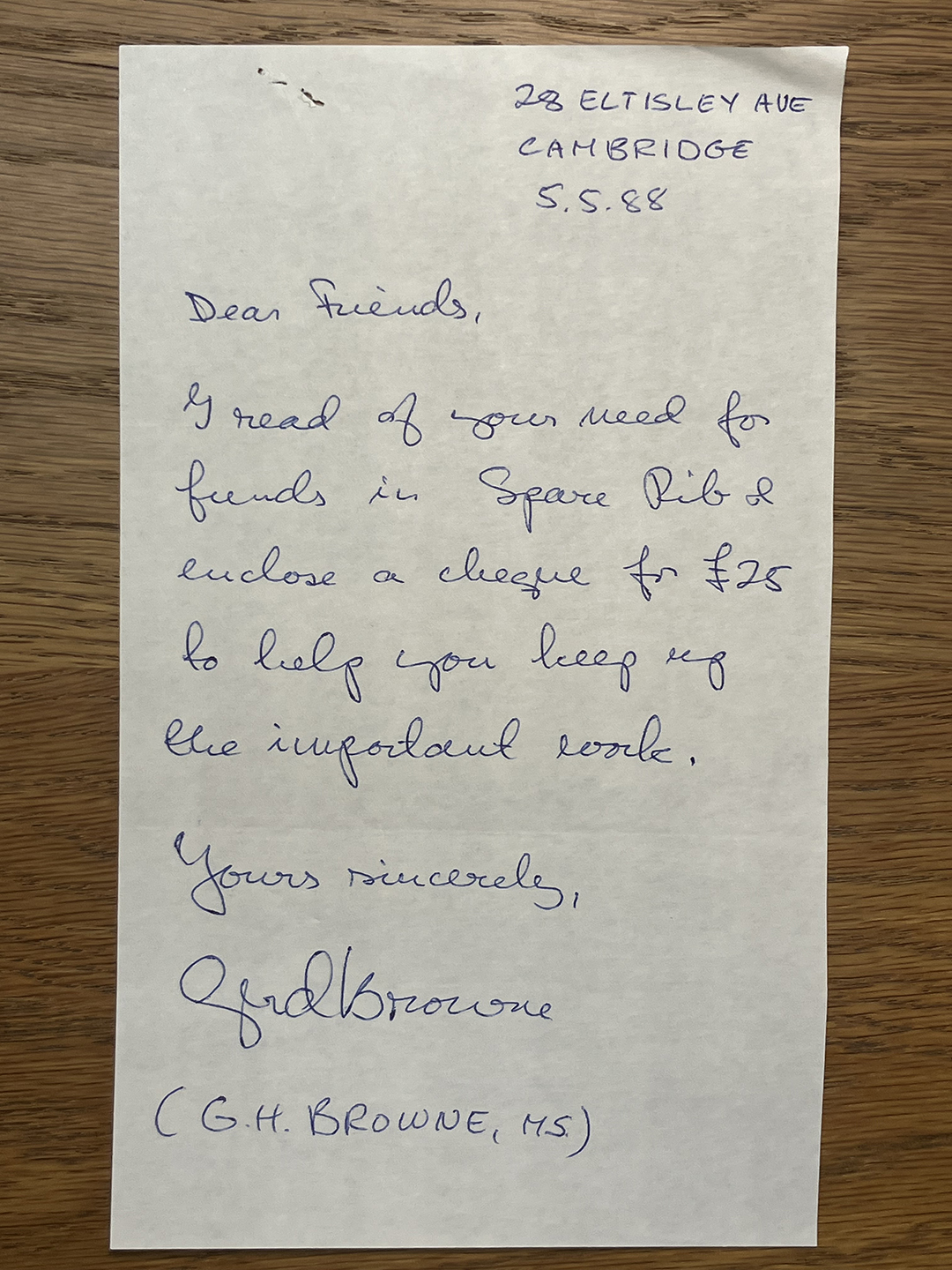 Handwritten letter dated 5.5.88 from 28 Eltisley Ave, Cambridge, addressed to friends. The writer encloses a cheque for £25 to support Spare Rib and expresses hope to help keep up the important work, signed by G.H. Browne, MS.