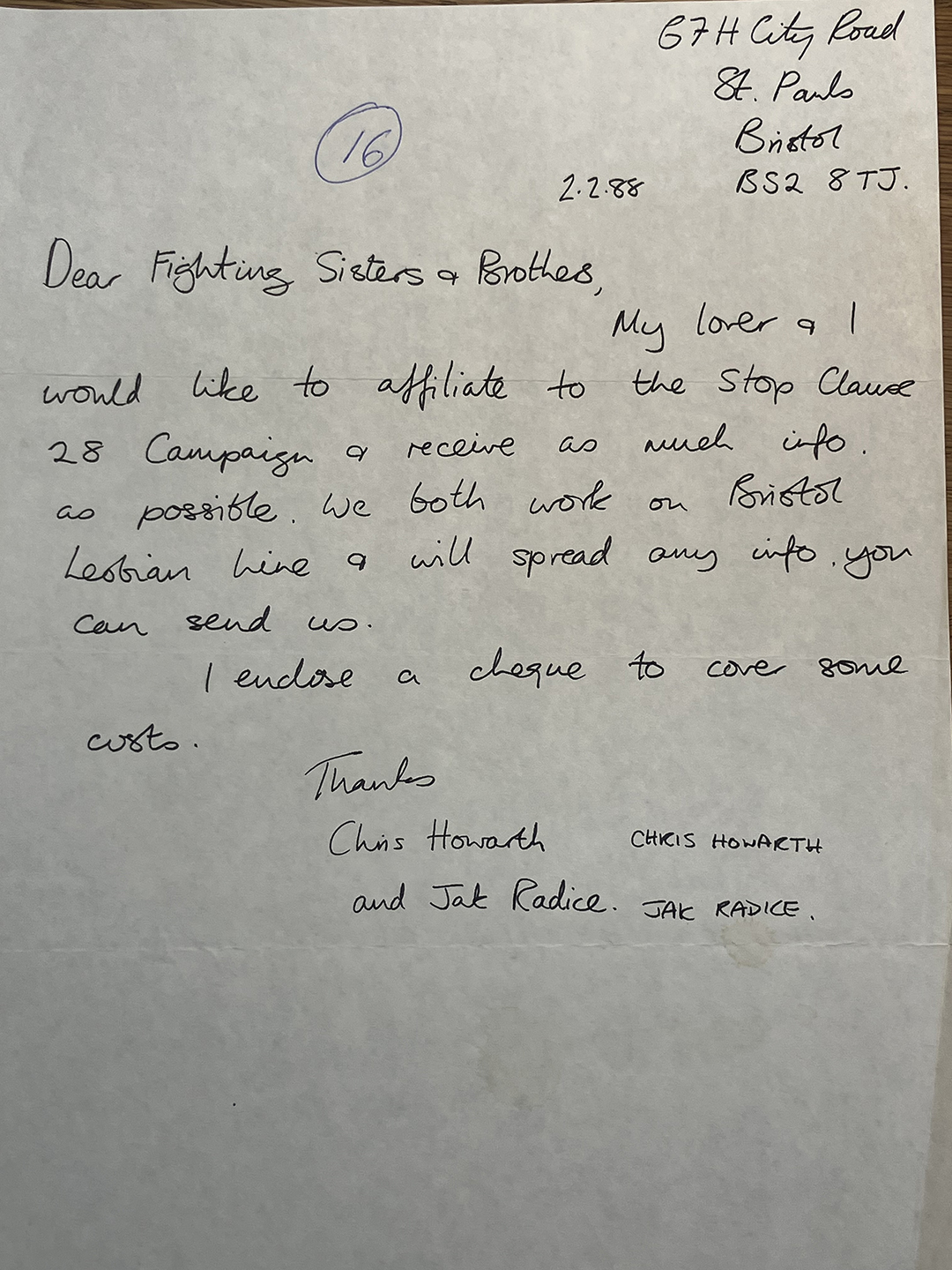 Handwritten letter dated 2.2.88 from 67H City Road, St. Pauls, Bristol, addressed to Fighting Sisters & Brothers requesting affiliation to Stop Clause 28 Campaign and information, mentioning work on Bristol Lesbian Line, with signatures from Chris Howarth and Jak Radice.