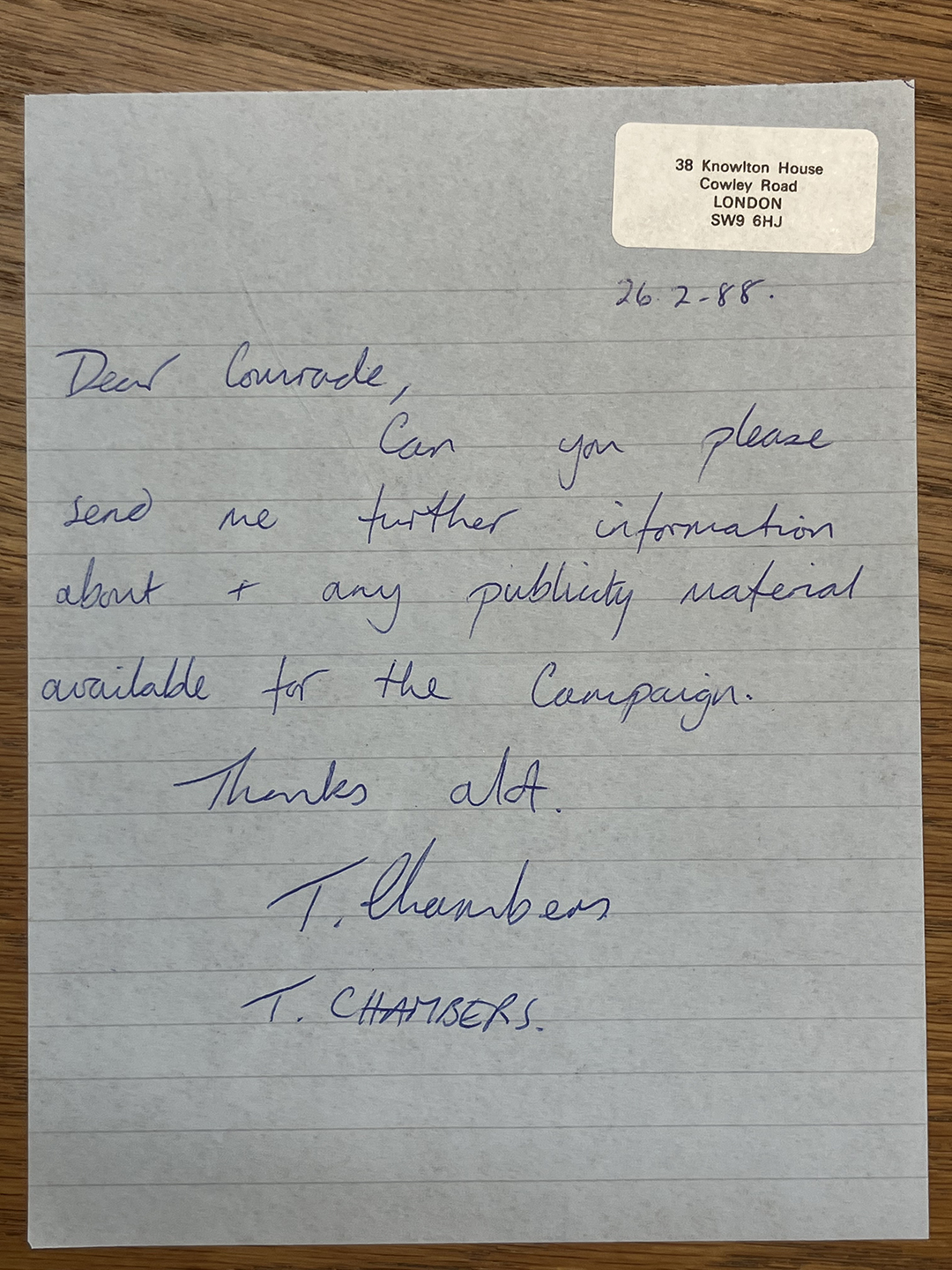 Handwritten letter on lined paper dated 26-2-88 with a stamped address label in the top right corner reading '38 Knowlton House Cowley Road LONDON SW9 6HJ'. The letter reads: 'Dear comrade, Can you please send me further information about + any publicity material available for the Campaign. Thanks a lot. T. Chambers T. CHAMBERS.'