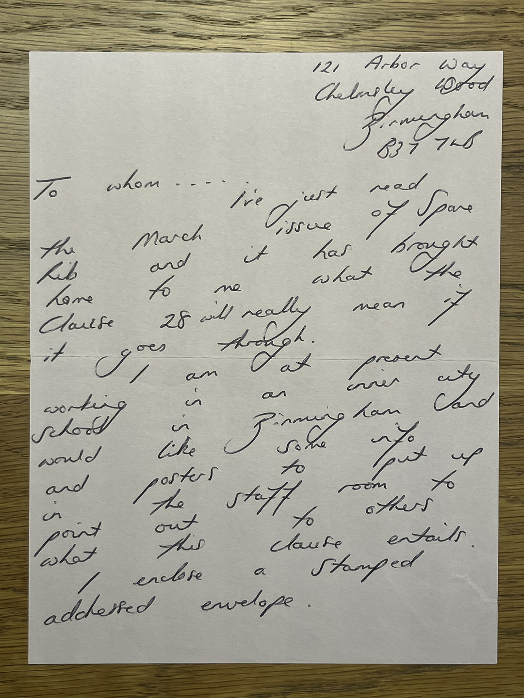 Handwritten letter on white paper with an address at the top right corner reading "121 Arbor Way, Chelmsley Wood, Birmingham B37 7AB." The letter addresses a March issue of Spare Rib, mentions Clause 28, and requests permission to put up posters at a Birmingham city school. The handwriting is cursive and slightly difficult to read.