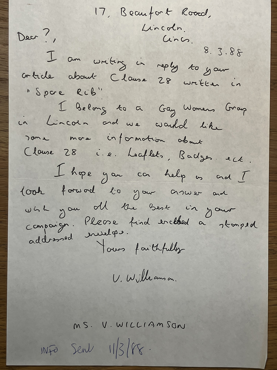 Handwritten letter dated 8.3.88 from 17, Beaufort Road, Lincoln, addressed to an unknown recipient. The writer, V. Williamson, responds to an article about Clause 28 in 'Spare Rib,' mentions belonging to a Gay Women's Group in Lincoln, and requests more information such as leaflets and badges. The letter ends with thanks, a wish for success with the campaign, and a note about an enclosed stamped addressed envelope. The writer's name Ms. V. Williamson and a note 'INFO Sent 11/3/88' are at the bottom.