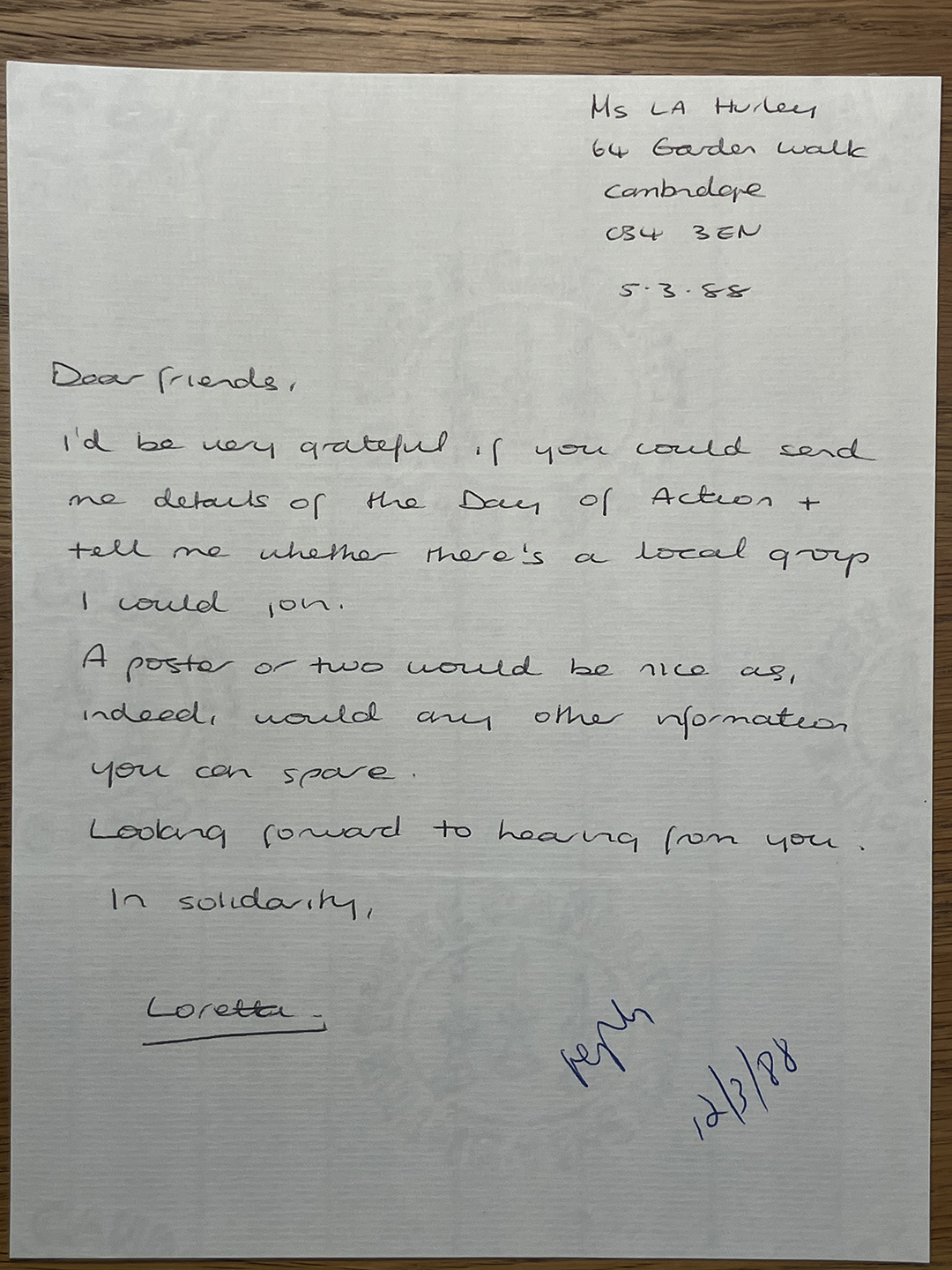 Handwritten letter addressed to Ms LA Hurley at 64 Garden Walk, Cambridge, dated 5.3.88, requesting details of the Day of Action, information on local groups, and posters, signed Loretta, with a handwritten note dated 12/3/88.