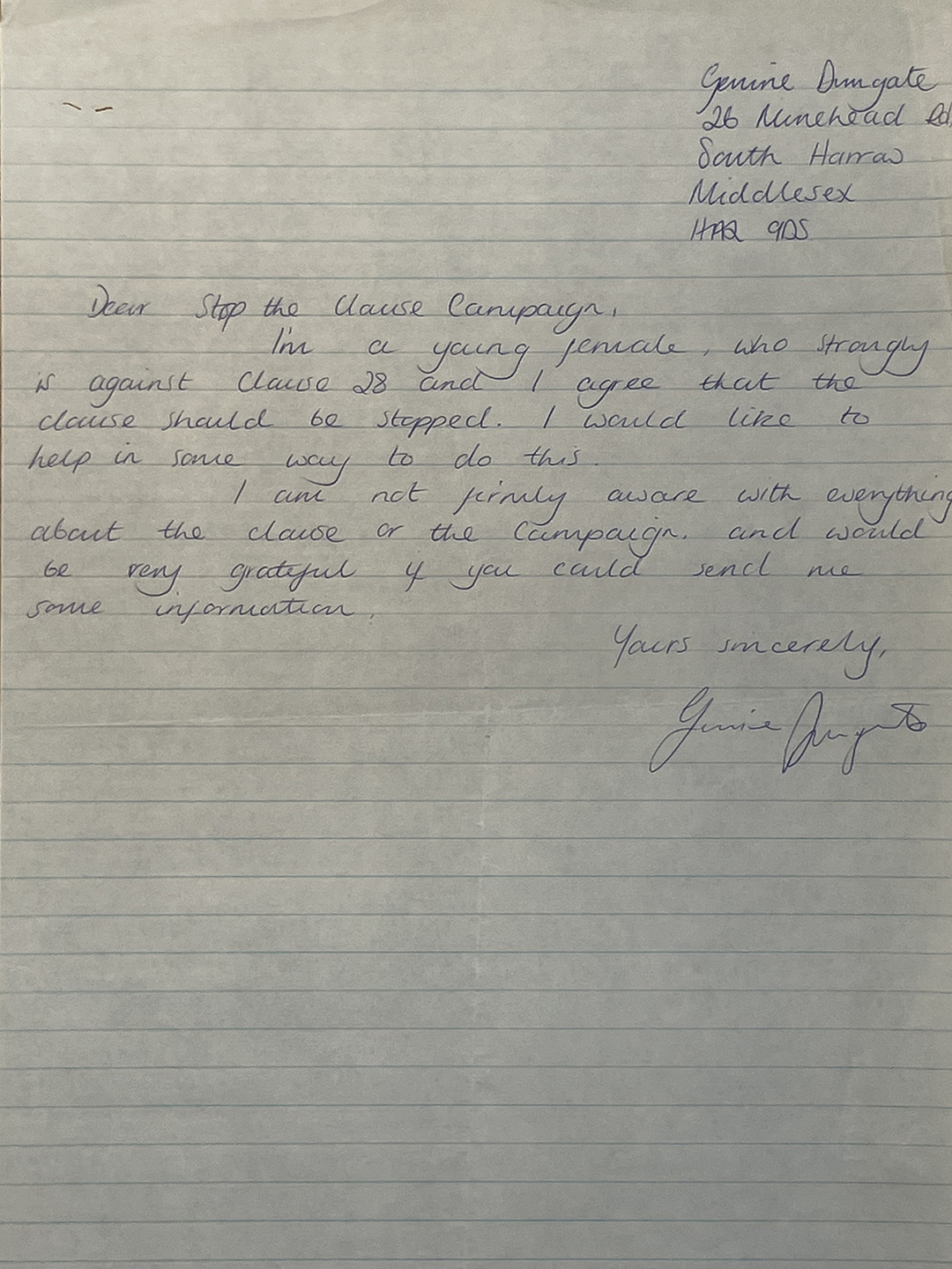 Handwritten letter addressed to Stop the Clause Campaign from a young female named Genuine Umgate of South Harrow, Middlesex, expressing opposition to Clause 28, willingness to help stop it, and requesting more information about the clause and campaign.