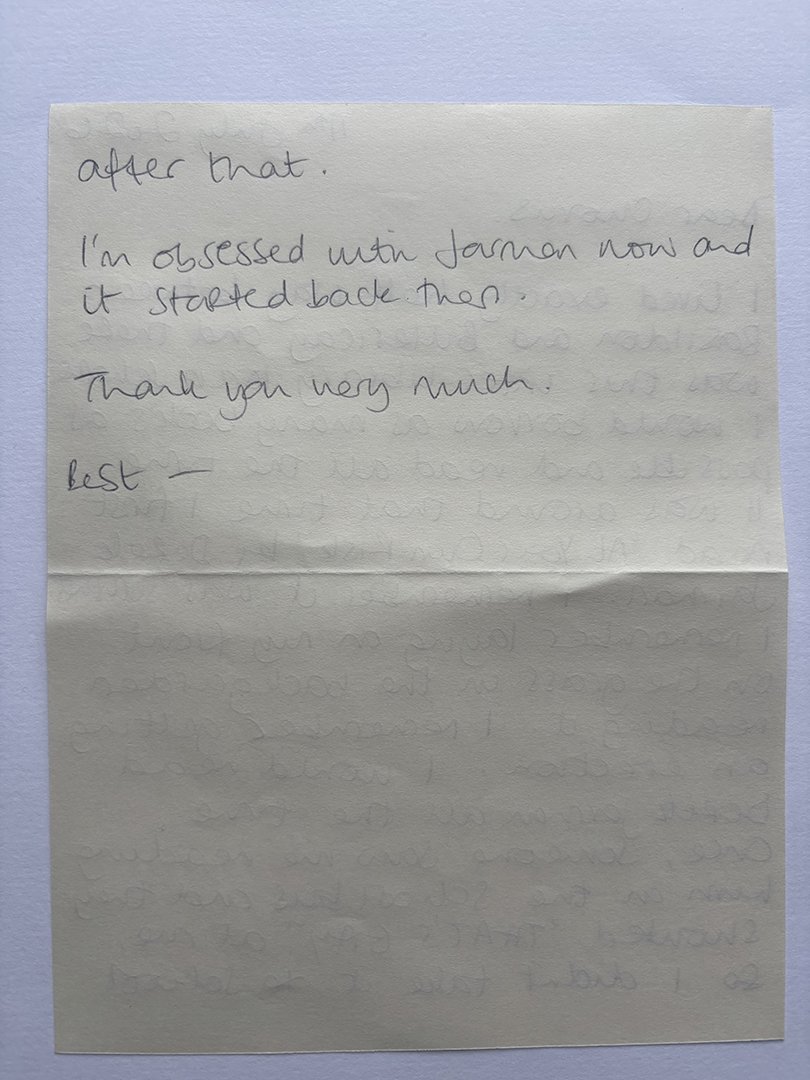 A handwritten note on a white folded paper with the text: 'after that. I'm obsessed with Janson now and it started back then. Thank you very much. Best -'.