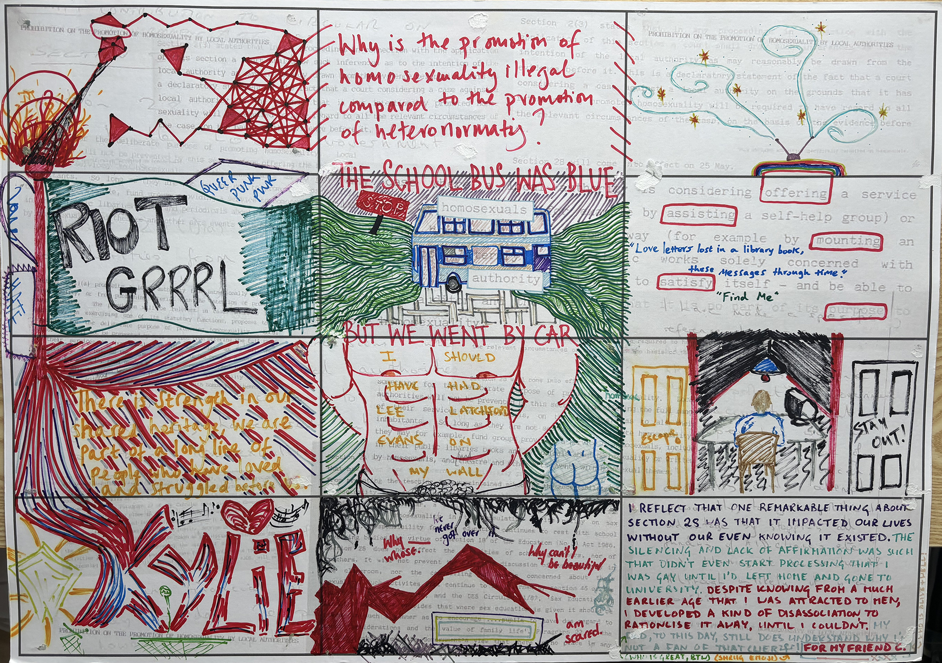A collage of handwritten and drawn panels with themes of LGBTQ+ identity, activism, and reflection. Top left shows a flaming torch and an abstract red figure with a network of triangles. Text asks why promoting homosexuality is illegal compared to heteronormativity. Center top features a blue school bus labeled 'homosexuals' with green wavy lines behind, captioned 'The school bus was blue but we went by car.' Center middle shows a bare back with words like 'I should,' 'have,' and 'attention' written on skin. Other panels include a large 'RIOT GRRRL' text, a figure sitting alone in a dark room, stylized rainbow, messages of strength and survival, and reflections on Section 28 impact and personal identity struggles. The collage combines text and abstract drawings in various colors.