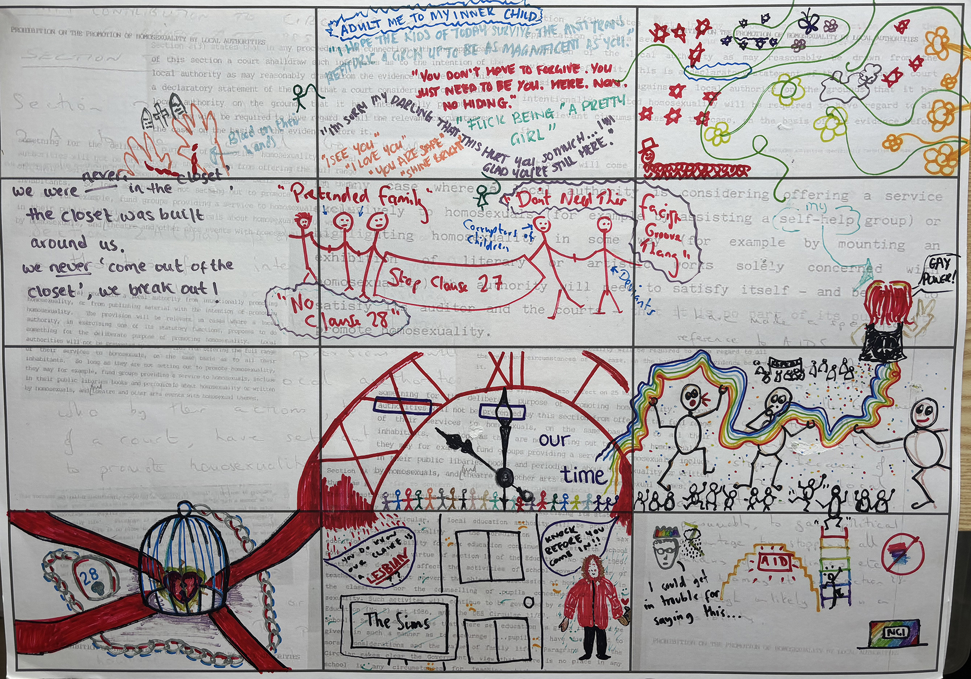 A poster with multiple colorful hand-drawn illustrations and texts protesting Hong Kong's anti-LGBTQ+ clauses 27 and 28. Images include people holding signs saying 'Pretended family', 'Don't need this', a caged heart with '28', a large clock reading 'our time', rainbow-colored chains, and phrases like 'Gay Power!' and 'You don't have to forgive, you just need to be you. Here. Now.' A stick figure wearing a hoodie says 'Knock before coming in.' References to homosexuality, self-help, and AIDS appear throughout.