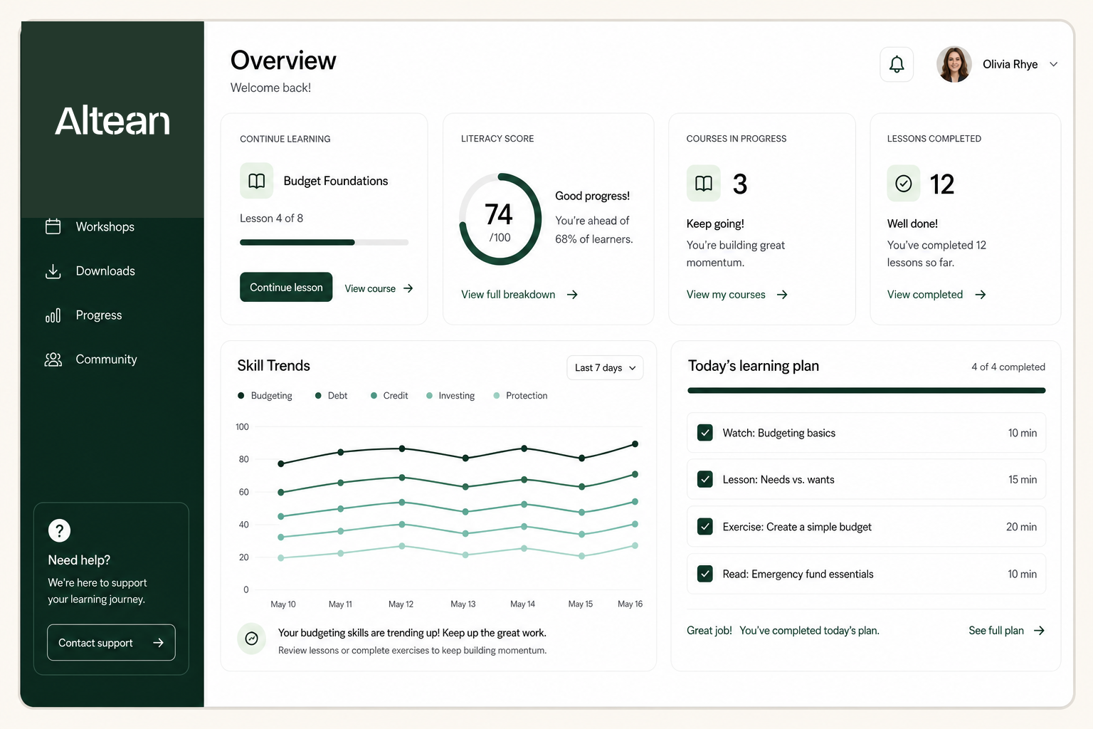 Altean overview dashboard with literacy score and learning plan