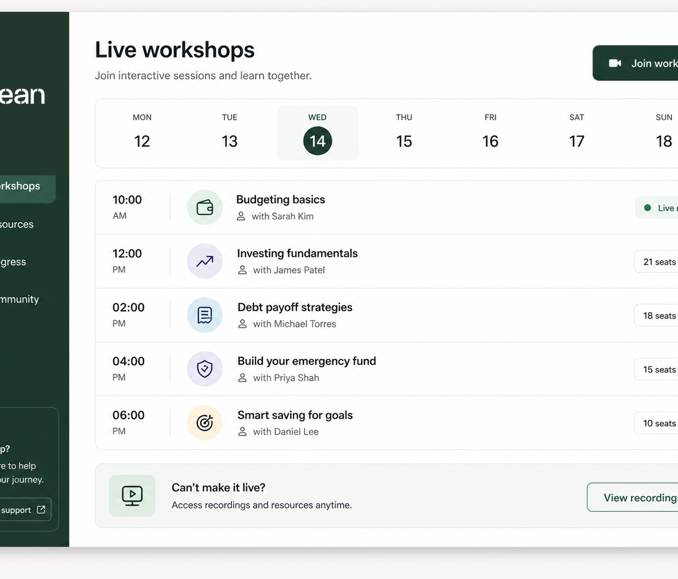 Altean live workshops dashboard