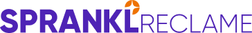 Logo with the text SPRANKLRECLAME in uppercase letters, with the letters SPRANKL in bold purple and RECLAME in a lighter purple, and a small orange arrow pointing upward above the letter L.