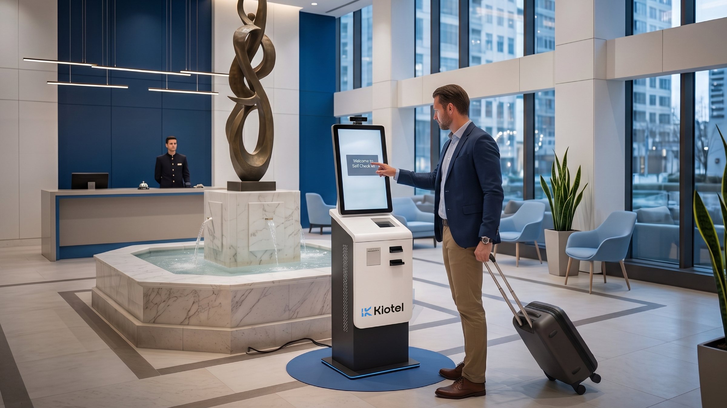 Guest completing a self-service check-in at a Kiotel station in a hotel lobby