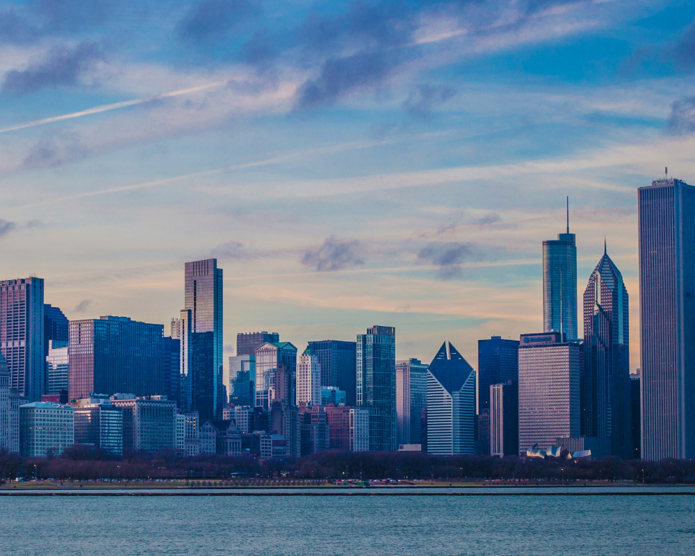The Chicago skyline at dusk, with the Willis Tower at its centre