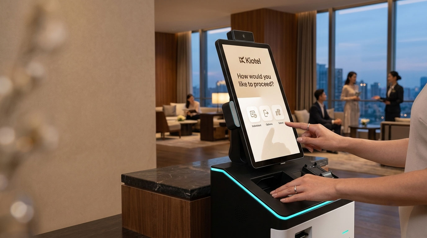 Guest completing a self-service check-in at a Kiotel station in a hotel lobby