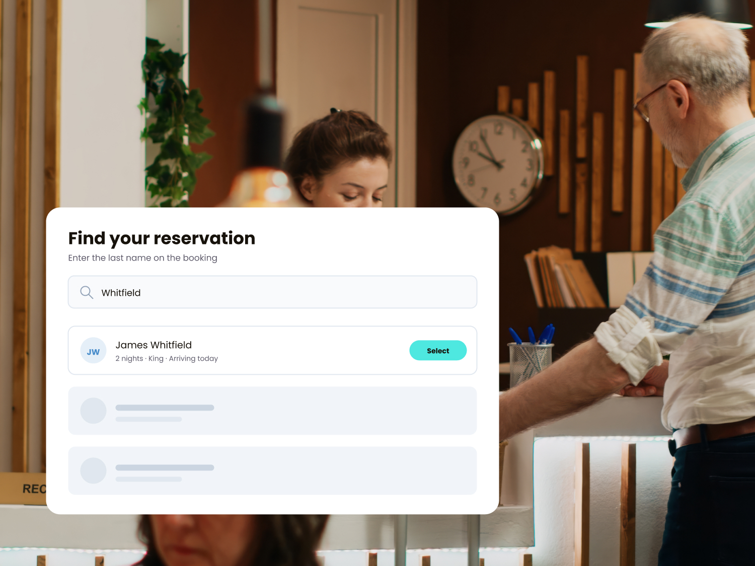 Kiosk screen showing a reservation lookup with a matched guest result