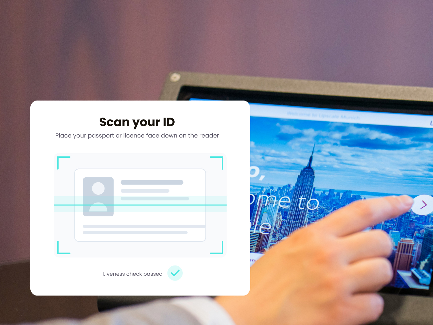 Kiosk screen scanning a passport inside an alignment frame