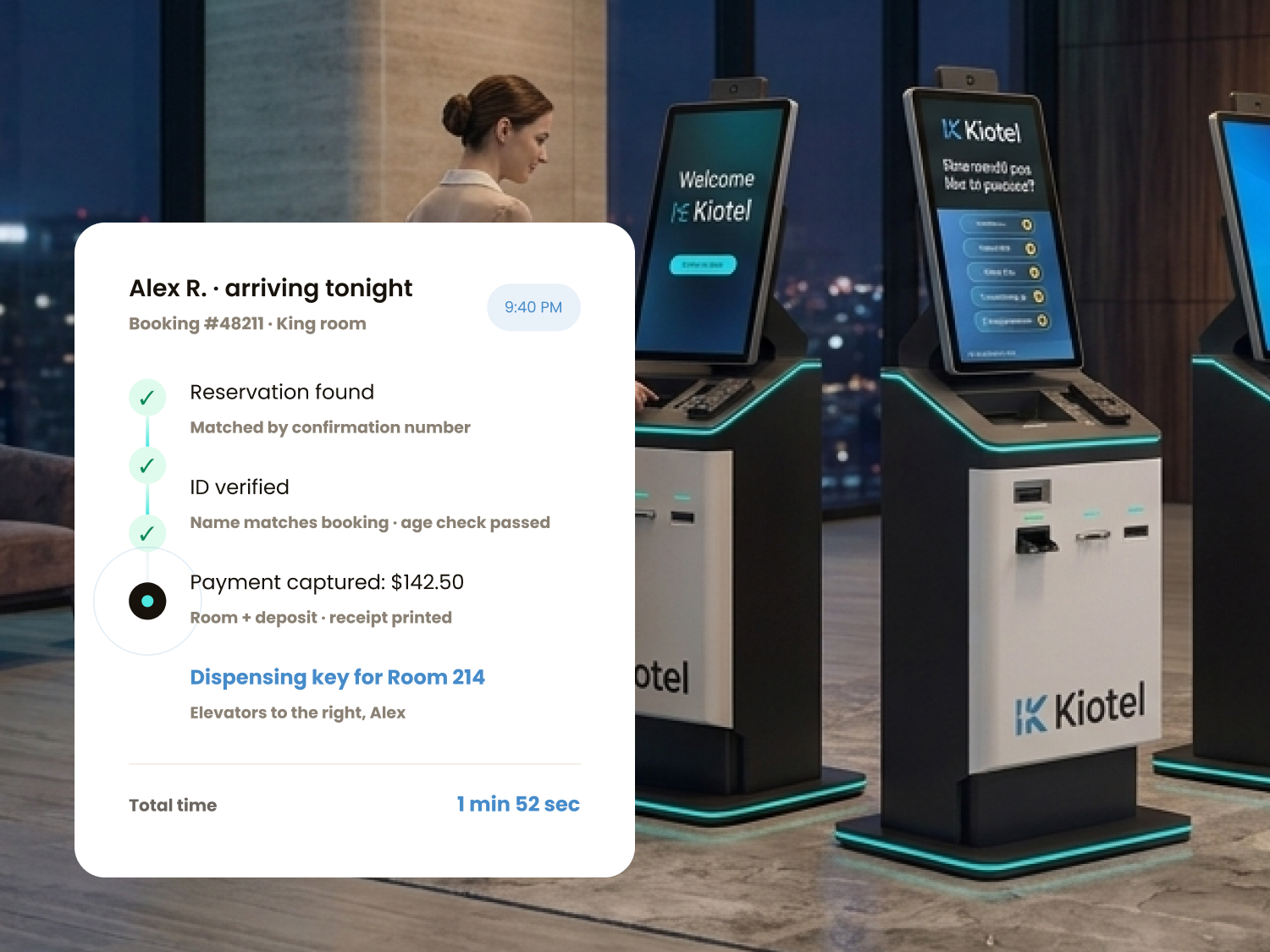 Hotel lobby with a Kiotel self-service check-in kiosk