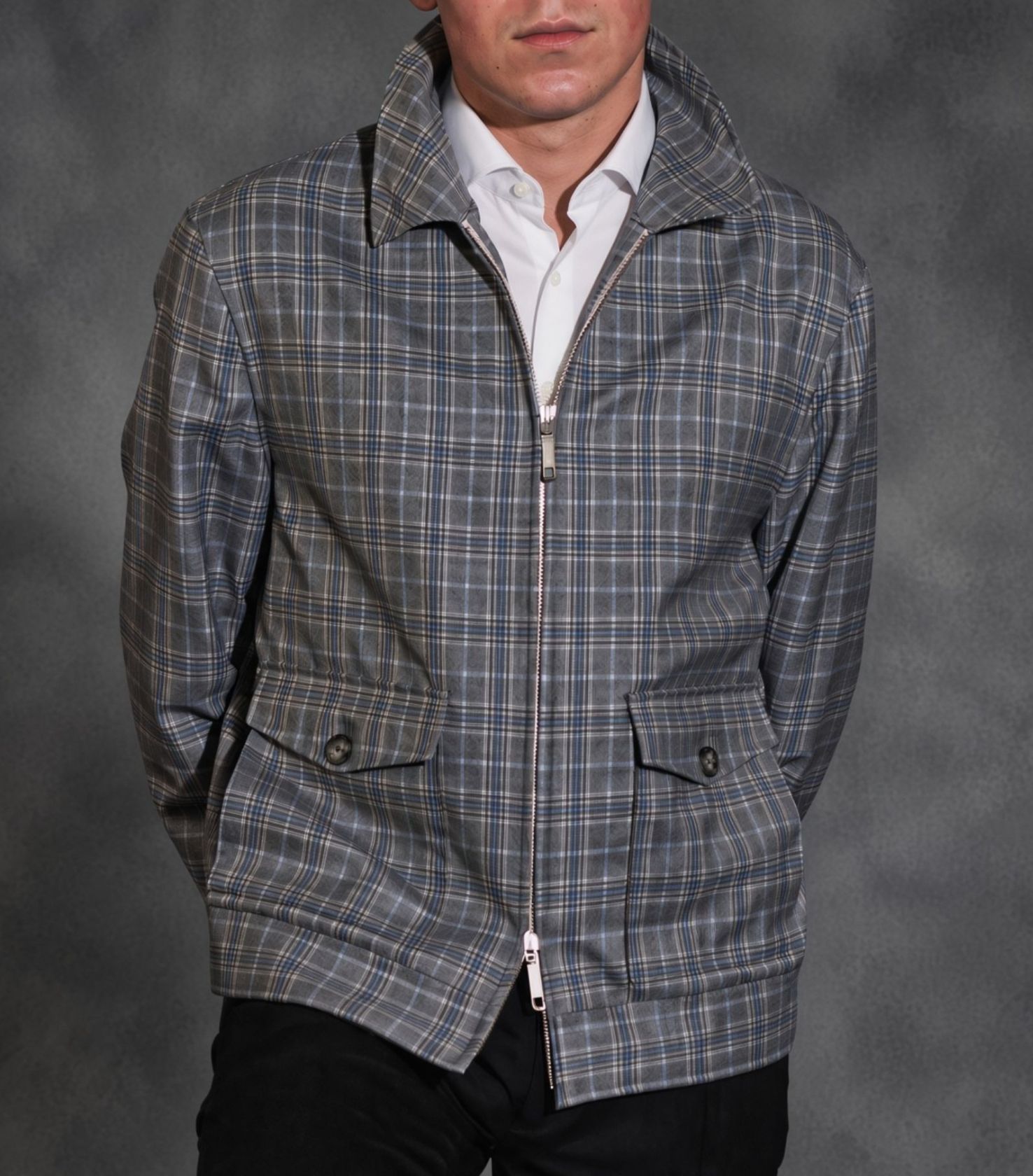 Men's checked casual jacket with white dress shirt