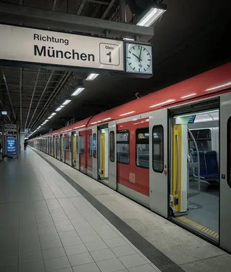Roter Regionalzug auf dem Wweg nach München steht an einem Bahngleis mit offenen Türen