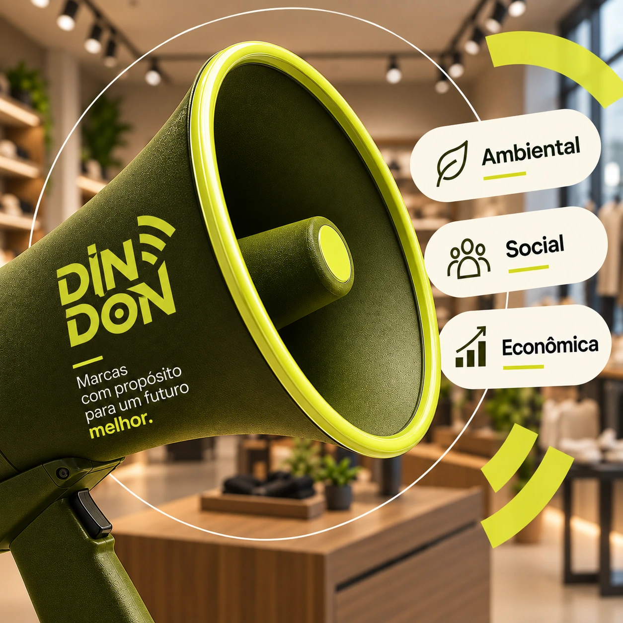 Megafone Dindon com selos Ambiental, Social e Econômica em loja