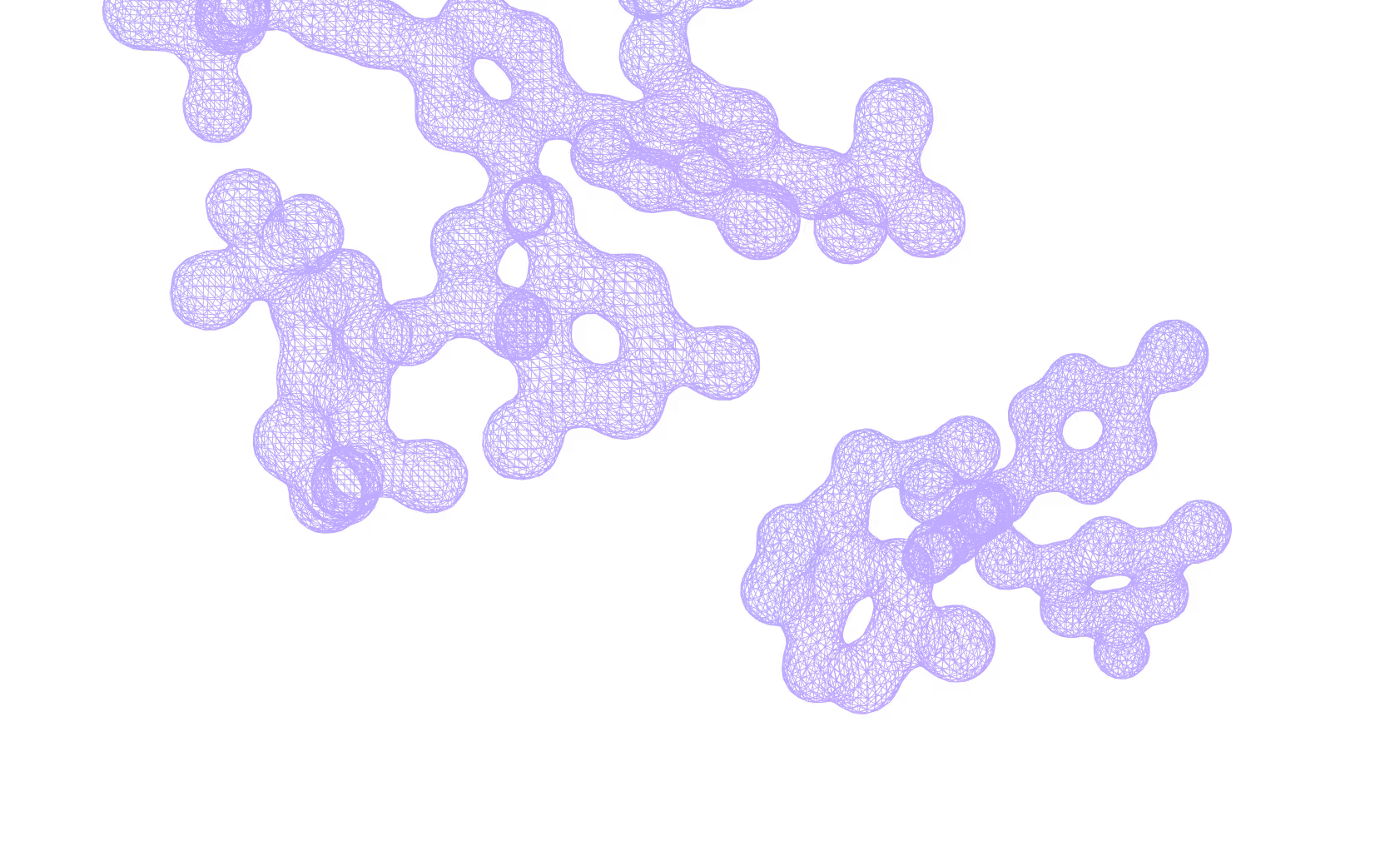 Abstract purple molecular structures composed of interconnected star-like shapes on a transparent background.