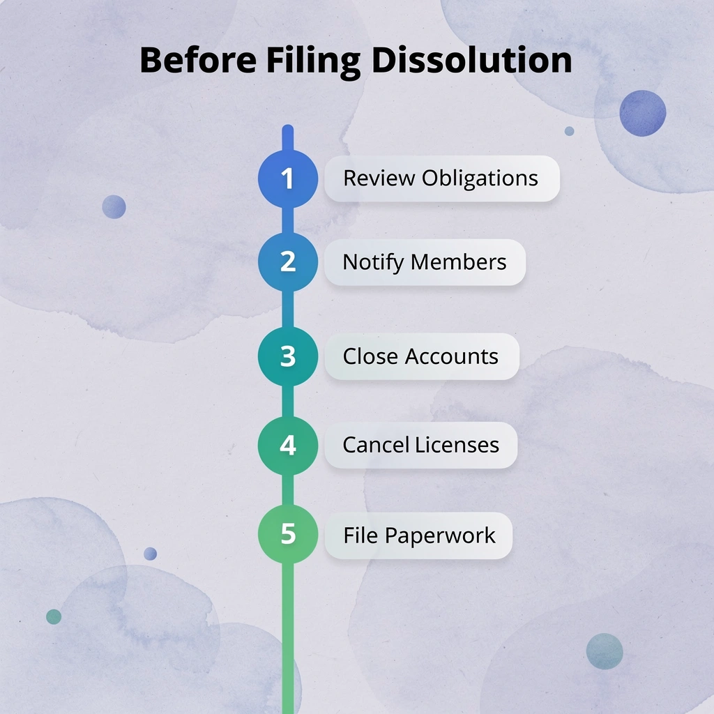 Numbered steps infographic showing key actions to take before filing LLC dissolution paperwork in Tennessee