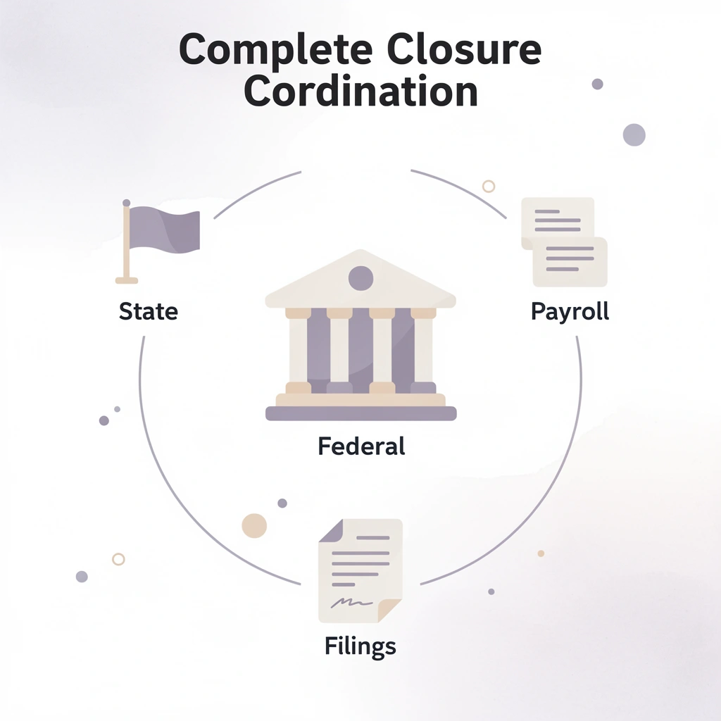 Hub diagram showing Starcycle coordinating federal, state, payroll, and filing requirements