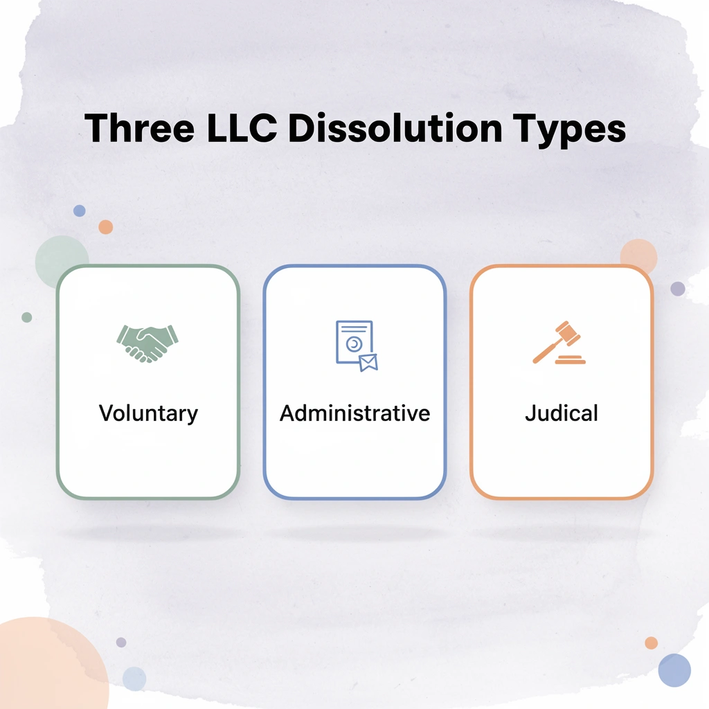 Infographic showing the three types of LLC dissolution in New Hampshire