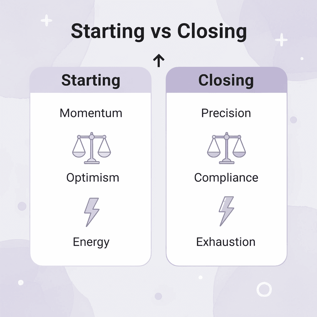 Comparison chart showing differences between starting and closing a company