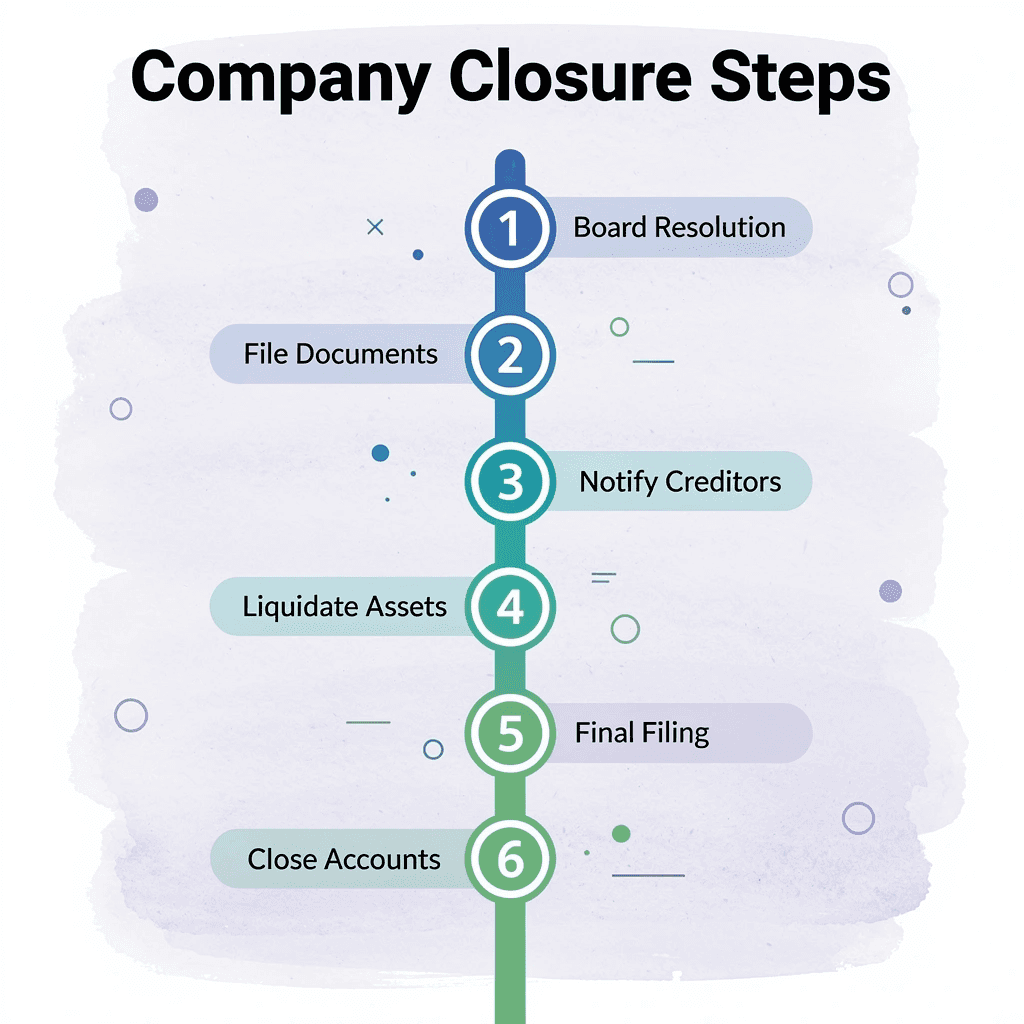 Six numbered steps for closing a company
