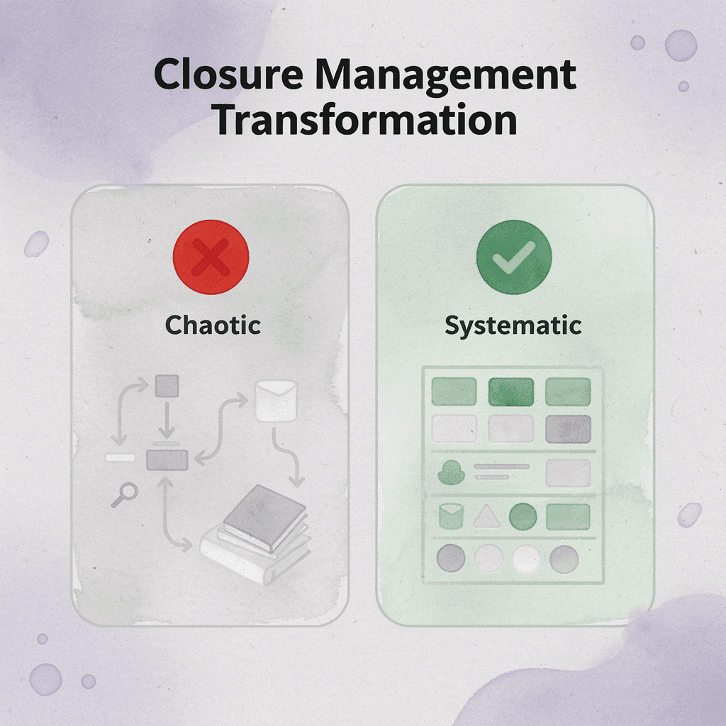 Before and after comparison showing transformation from chaotic to systematic closure management