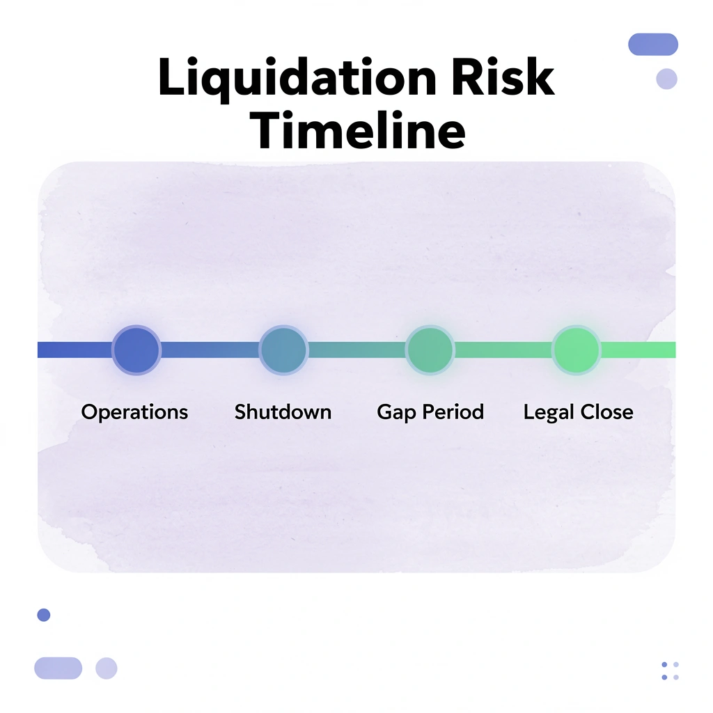 Timeline showing liquidation phases from operations to legal closure