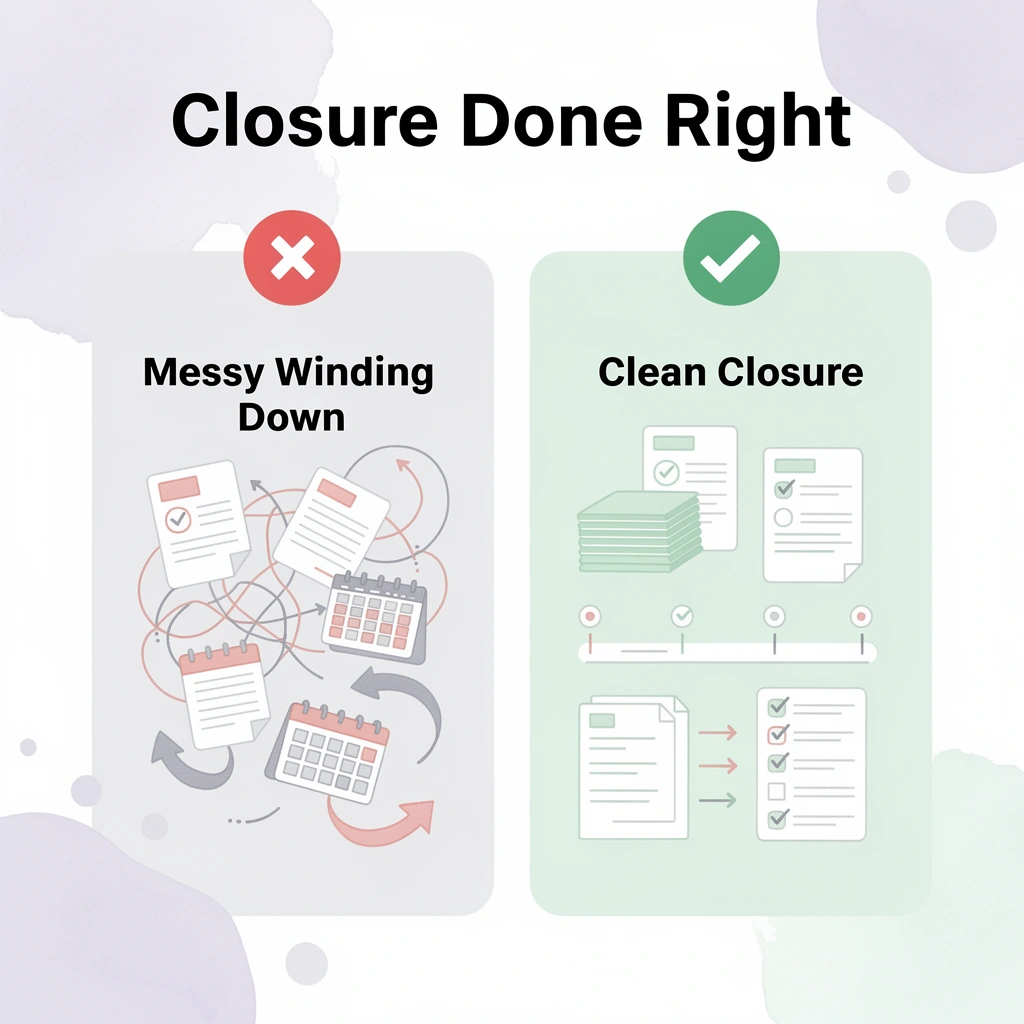 Before and after infographic showing messy winding down versus clean closure