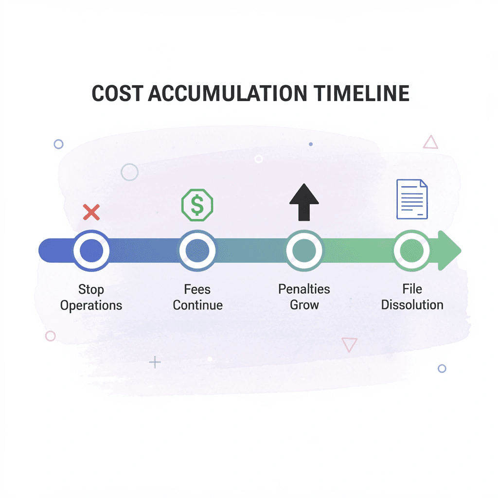 Timeline showing how LLC dissolution costs accumulate over time