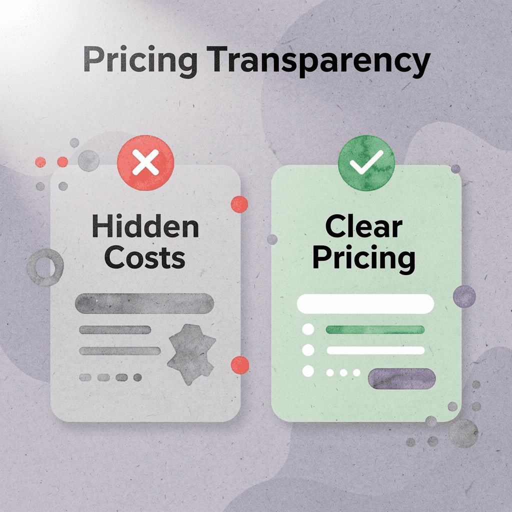Before and after comparison showing transformation from hidden costs to clear pricing