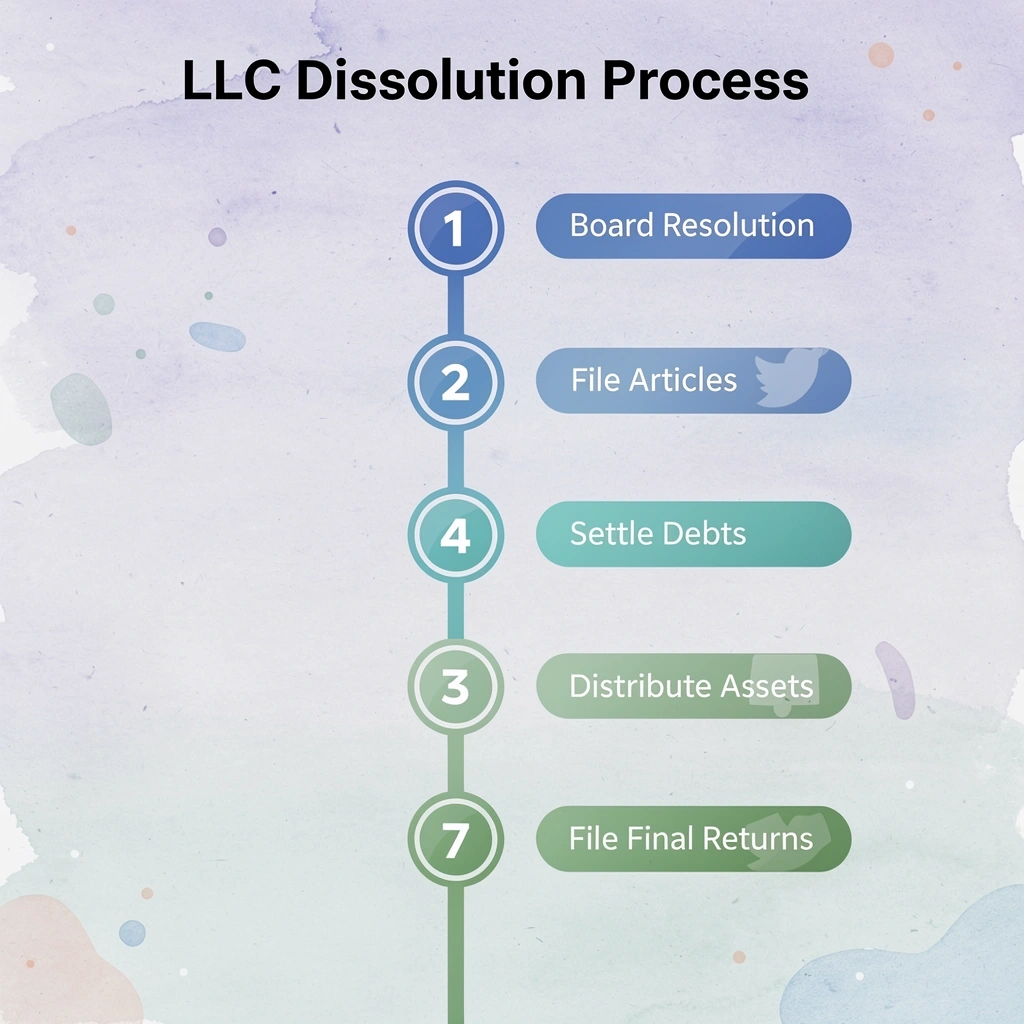 Seven-step LLC dissolution process infographic