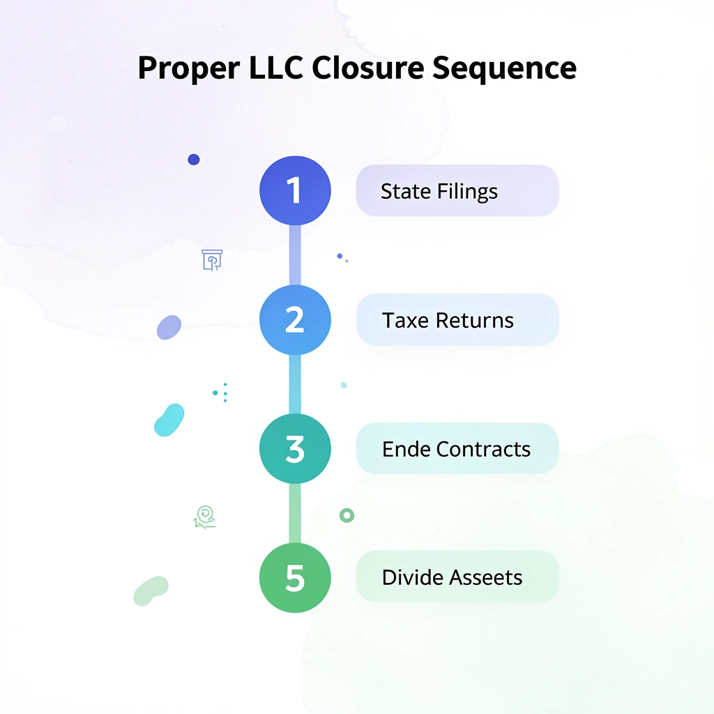 Numbered steps showing proper LLC closure sequence from state filings to asset division