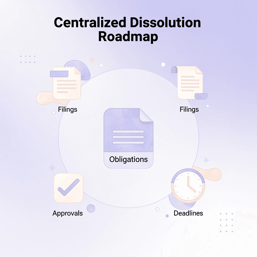Hub and spoke diagram showing Starcycle centralizing obligations, filings, approvals, and deadlines