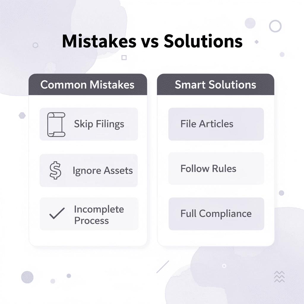 Comparison chart showing common dissolution mistakes versus proper solutions - How To Dissolve a Nonprofit 