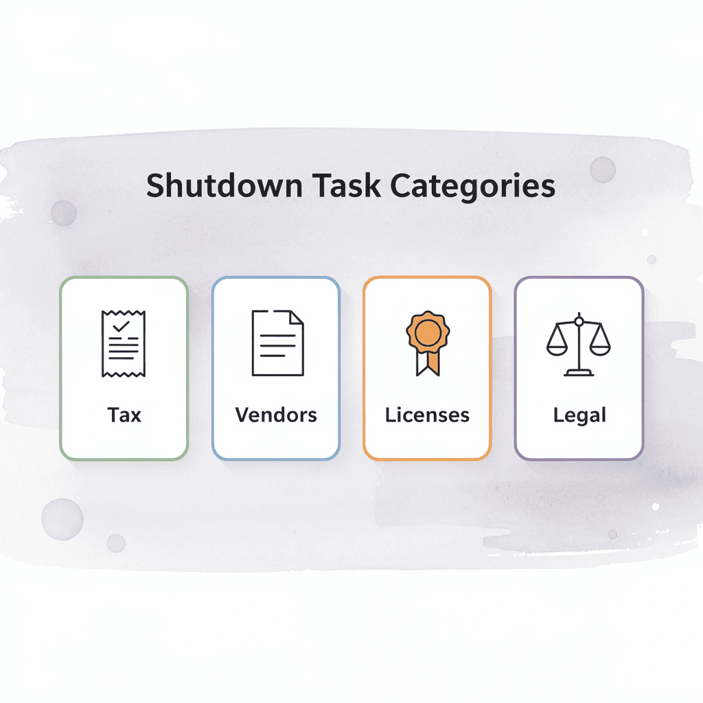 Infographic showing shutdown task categories - How to Tell Investors That You’re Shutting Down