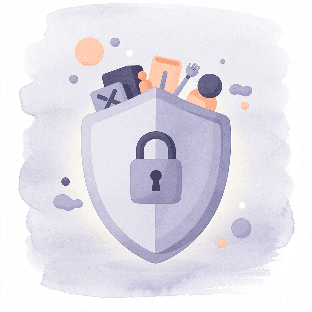 Shield protecting objects representing protection from penalties and legal complications