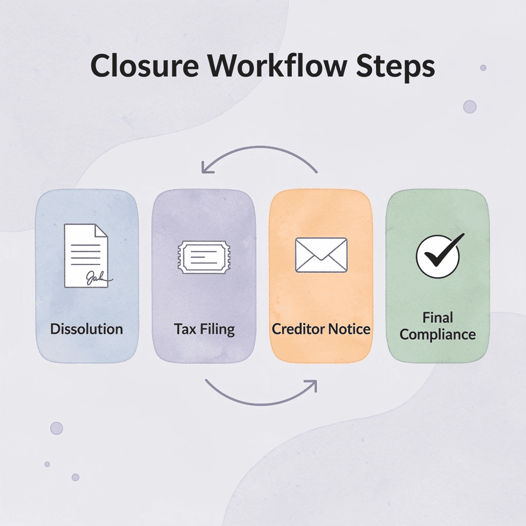 Process flow showing four business closure workflow steps