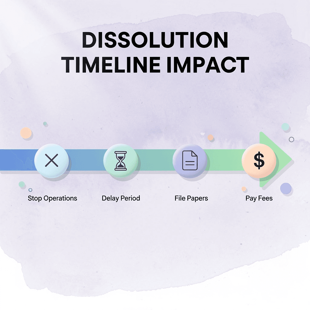 Timeline showing progression from stopping operations to paying accumulated fees - Notice of Dissolution 