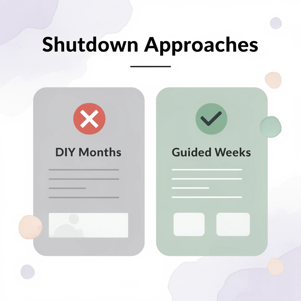 Comparison showing DIY approach taking months versus guided approach taking weeks