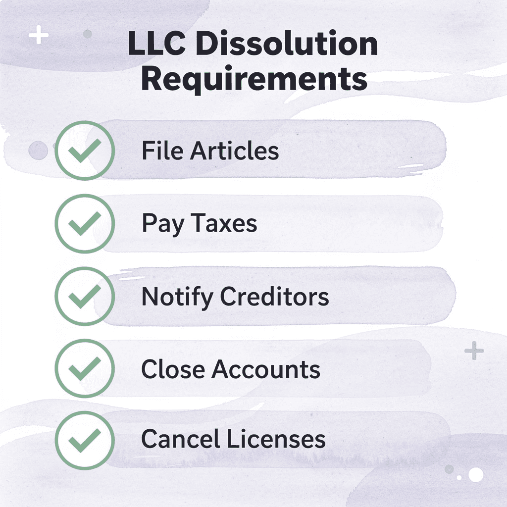 Checklist infographic showing key requirements for dissolving an LLC in Arizona