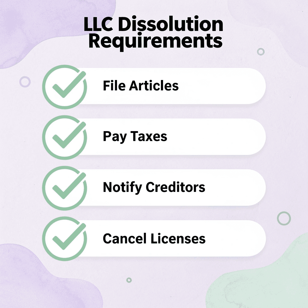 Checklist infographic showing key requirements for dissolving an LLC in Nevada