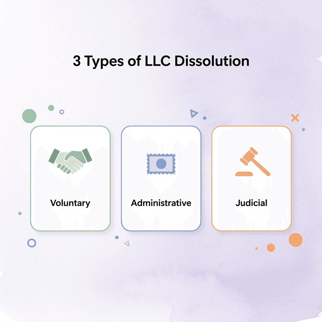 Infographic showing three types of LLC dissolution in Oregon: voluntary, administrative, and judicial
