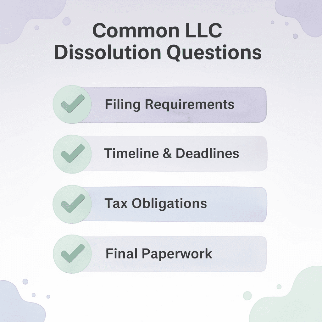 Checklist infographic showing common topics covered in LLC dissolution FAQs